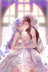 Rule 34 | 2girls, asymmetrical docking, backlighting, blunt bangs, breast press, breasts, bridal veil, brown hair, closed eyes, collarbone, commentary request, commission, dress, elbow gloves, female focus, from side, garter straps, gloves, highres, holding hands, huge breasts, interlocked fingers, kemoyuri, kiss, light purple hair, long hair, medium breasts, multiple girls, new game!, skeb commission, skindentation, sparkle, suzukaze aoba, symmetrical docking, takimoto hifumi, thighhighs, veil, wedding dress, white dress, white gloves, white legwear, wife and wife, yuri