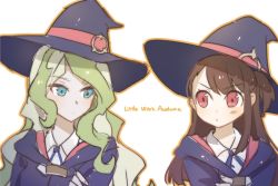 Rule 34 | 2girls, blue eyes, blue ribbon, blush, brown hair, closed mouth, collared shirt, commentary request, copyright name, diana cavendish, green hair, hat, kagari atsuko, kaoruru (sakuno2911), little witch academia, long hair, looking at another, multiple girls, neck ribbon, one side up, outline, purple hat, red eyes, ribbon, robe, shirt, upper body, white background, wing collar, witch hat