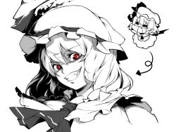 Rule 34 | 1girl, = =, arrow (symbol), beihan, blush, chibi, dual persona, fang, female focus, greyscale, grin, hat, kokka han, monochrome, open mouth, portrait, red eyes, remilia scarlet, short hair, slit pupils, smile, solo, spot color, symbol-shaped pupils, teeth, touhou, wings