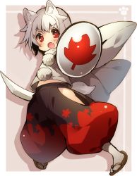 Rule 34 | 1girl, :o, animal ears, blush, border, dutch angle, eyebrows, fang, full body, highres, hip vent, inubashiri momiji, long sleeves, looking at viewer, midriff, no headwear, open mouth, pants, paw print, pom pom (clothes), red eyes, sandals, shadow, shield, shirt, short hair, socks, solo, sword, tail, touhou, turtleneck, usamata, weapon, white border, white hair, white socks, wide sleeves, wolf ears, wolf tail