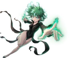 Rule 34 | 1girl, arms behind head, arms up, aura, black dress, breasts, curly hair, curvy, dress, floating, floating hair, full body, heels, highres, legs, murata yuusuke, no bra, no panties, official art, one-punch man, petite, psychic, reaching, reaching towards viewer, shiny skin, small breasts, tatsumaki, wide hips