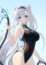 Rule 34 | 1girl, animal ears, arknights, aurora (arknights), bare arms, bare shoulders, black hairband, black one-piece swimsuit, blue eyes, breasts, commentary request, competition swimsuit, covered navel, gogatsu fukuin, grey hair, hairband, highres, holding, hose, lofter username, long hair, looking at viewer, medium breasts, one-piece swimsuit, parted lips, solo, swimsuit, twitter username, very long hair, water, weibo watermark