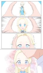Rule 34 | 1boy, 1girl, 1hpman, 4koma, :o, ?, @ @, absurdres, angel wings, apron, blonde hair, blue apron, blue archive, blue eyes, blush, collared shirt, comic, commentary, confused, crying, crying with eyes open, english commentary, floral background, flower, forehead, hair ribbon, highres, holding, kiss, kissing forehead, long hair, looking at viewer, out of frame, package, part time job, parted bangs, pink flower, pink rose, pleated skirt, ribbon, rose, school uniform, sensei (blue archive), shirt, shopping basket, short sleeves, sidelocks, silent comic, simple background, skirt, snoot challenge, sora (blue archive), store clerk, tears, trembling, two side up, very long hair, wavy mouth, wings