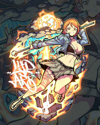 Rule 34 | 1girl, bare legs, black footwear, blue jacket, breasts, cleavage, clima-tact, cloud, commentary, crop top, cropped jacket, debris, electricity, english commentary, eyelashes, full body, grey skirt, grin, highres, holding, holding weapon, jacket, linea alba, looking at viewer, lydart mclo, medium breasts, miniskirt, nami (one piece), navel, one piece, open clothes, open jacket, orange eyes, orange hair, orange outline, outline, outstretched arm, pleated skirt, polearm, sandals, short hair, signature, skirt, smile, solo, stomach, weapon, zoom layer