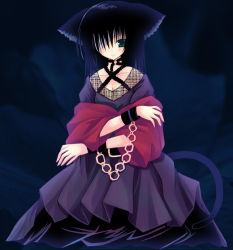 Rule 34 | 1girl, animal ears, bandage over one eye, bdsm, black hair, blush, bondage, bound, cat ears, cat tail, chain, cowboy shot, crossed arms, cuffs, dress, expressionless, eyepatch, green eyes, hair over one eye, japanese clothes, kannon ouji, kimono, long hair, long sleeves, looking at viewer, original, purple dress, short hair, skirt, solo, standing, tail, towel