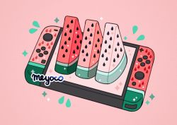 Rule 34 | alternate color, artist name, bad id, bad twitter id, food, food focus, fruit, game console, handheld game console, meyoco, nintendo switch, no humans, original, pink background, simple background, sparkle, watermelon, watermelon seeds