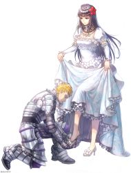 Rule 34 | 1boy, 1girl, aken, armor, armored boots, barefoot, black hair, blue eyes, blunt bangs, boots, breastplate, breasts, cleavage, climb (overlord), closed mouth, crown, detached collar, detached sleeves, dress, elbow pads, eyebrows, faulds, flower, frilled dress, frilled sleeves, frills, gauntlets, hair flower, hair ornament, high heels, jewelry, light smile, long dress, long hair, looking at another, narberal gamma, necklace, no socks, on one knee, overlord (maruyama), patterned, pauldrons, puffy short sleeves, puffy sleeves, putting on shoes, red flower, shade, shoes, short sleeves, shoulder armor, simple background, single shoe, skirt hold, standing, standing on one leg, tiara, toes, twitter username, white background, white dress, white footwear