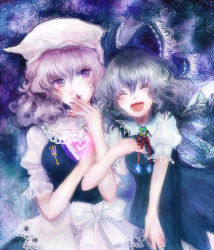 Rule 34 | 2girls, :d, ^ ^, holding another&#039;s arm, blue hair, bow, brooch, cirno, closed eyes, curly hair, dress, closed eyes, glowing, hair bow, hat, heart, jewelry, katari, laughing, letty whiterock, light purple hair, multiple girls, nail polish, open mouth, pendant, purple eyes, purple hair, smile, touhou