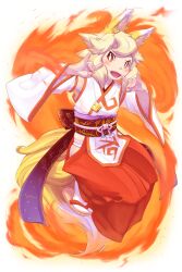 Rule 34 | 1girl, animal ear fluff, animal ears, arms up, blonde hair, blush, breasts, bright pupils, detached sleeves, double fox shadow puppet, fang, female focus, fire, fox ears, fox girl, fox shadow puppet, fox tail, hakama, hakama skirt, happy, highres, hip vent, japanese clothes, kame (3t), kimono, long hair, long sleeves, looking at viewer, miko, obi, open mouth, orange background, orange trim, original, panties, red eyes, red hakama, rope, sandals, sash, sidelocks, skirt, small breasts, smile, socks, solo, swept bangs, tabi, tail, tongue, underwear, white kimono, white panties, white pupils, white sleeves, white socks, wide sleeves, yellow footwear, yhun-chan (kame (3t)), zouri