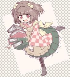 Rule 34 | 1girl, apron, bell, book, brown footwear, brown hair, character name, checkered clothes, checkered kimono, clumsy, commentary request, frilled apron, frills, full body, green skirt, hair bell, hair ornament, highres, japanese clothes, kimono, long sleeves, medium hair, motoori kosuzu, oninamako, open mouth, red eyes, skirt, solo, sweatdrop, touhou, tripping, two side up, wide sleeves, yellow apron