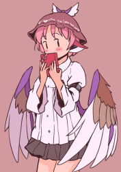 Rule 34 | 1girl, animal ears, bird ears, bird wings, blush, box, brown background, brown hat, cowboy shot, dress, feathered wings, fingernails, frilled dress, frills, gift, gift box, hat, holding, holding gift, long fingernails, long sleeves, looking at viewer, mystia lorelei, pink hair, rangycrow, sharp fingernails, shirt, short hair, simple background, sleeve garter, solo, touhou, white shirt, white wings, wide sleeves, winged hat, wings