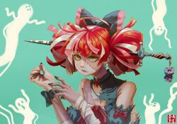 1girl black_nails colored_skin commentary dayung_sunggi english_commentary ghost heterochromia hololive hololive_indonesia kureiji_ollie multicolored_hair object_through_head patchwork_skin red_hair signature stitched_face stitched_torso stitches sword_in_head virtual_youtuber zombie