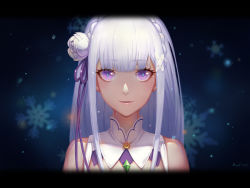 10s 1girl 2016 close-up emilia_(re:zero) female_focus flower hair_ribbon letterboxed long_hair looking_at_viewer mool_yueguang purple_eyes purple_ribbon re:zero_kara_hajimeru_isekai_seikatsu ribbon signature sketch smile solo upper_body white_hair