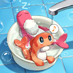 Rule 34 | black eyes, blush, bright pupils, bubble, bucket, closed eyes, commentary, creatures (company), eighth note, faucet, full body, game freak, highres, in bucket, in container, in water, kaminokefusa, looking at viewer, musical note, nintendo, no humans, partially submerged, pokemon, pokemon (creature), shadow, sleeping, speech bubble, spoken musical note, tatsugiri, tatsugiri (curly), tatsugiri (droopy), tile floor, tiles, water, white pupils, zzz