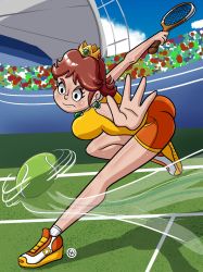 Rule 34 | 1girl, arms up, ass, ball, bent over, blue eyes, breasts, brown hair, day, earrings, flower earrings, frown, full body, hand up, highres, jewelry, legs, mario (series), mario tennis, nintendo, princess daisy, racket, shadow, shiny skin, short hair, shorts, solo, super mario land, sweat, tennis ball, tennis racket, tomboy