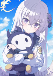 Rule 34 | 1girl, absurdres, azusa (blue archive), blue archive, blush, character doll, cloud, collared shirt, doll, flower, hair flower, hair ornament, halo, highres, holding, holding doll, kucu, light smile, long hair, looking at viewer, purple eyes, purple hair, shirt, skullman (blue archive), sky, smile, solo, very long hair, white shirt, wings