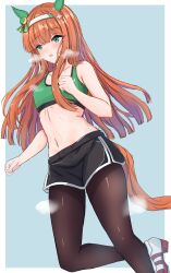 Rule 34 | 1girl, absurdres, alternate costume, animal ears, aqua eyes, bare shoulders, black pantyhose, black shorts, blush, border, breasts, cdsola, clenched hands, commentary request, dolphin, ear covers, ear ornament, feet out of frame, green sports bra, hair ornament, hairband, hairclip, highres, horse ears, horse girl, horse tail, jogging, light blue background, long hair, navel, open mouth, pantyhose, running, shoes, shorts, silence suzuka (umamusume), small breasts, smile, sneakers, solo, sports bra, sweat, tail, umamusume, white border, white hairband