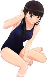 Rule 34 | 1girl, amagami, ayatsuji tsukasa, barefoot, black hair, extraction, feet, grey eyes, hand in own hair, highres, long hair, long legs, looking at viewer, one-piece swimsuit, school swimsuit, solo, swimsuit, transparent background, wet