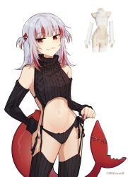 Rule 34 | 1girl, :3, absurdres, bare shoulders, black panties, black sweater, black thighhighs, breasts, closed mouth, cowboy shot, detached sleeves, fins, fish tail, gawr gura, grey hair, hair ornament, highres, hololive, hololive english, long hair, looking at viewer, meme attire, mittsu, navel, panties, red eyes, red hair, ribbed panties, ribbed sleeves, ribbed sweater, ribbed thighhighs, shark hair ornament, shark tail, simple background, sleeveless, sleeveless sweater, small breasts, solo, stomach, sweater, tail, thighhighs, turtleneck, turtleneck sweater, underwear, virgin destroyer sweater, virtual youtuber, white background