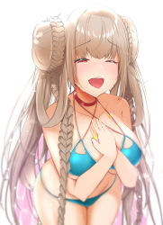 Rule 34 | 1girl, absurdres, alternate costume, azur lane, bikini, blue bikini, blush, braid, breasts, choker, collarbone, double bun, formidable (azur lane), formidable (the lady of the beach) (azur lane), glowing, hair between eyes, hair bun, half-closed eyes, hands on own chest, happy tears, highres, jewelry, large breasts, leaning forward, long hair, looking at viewer, nephthys2356, one eye closed, open mouth, red eyes, ring, sidelocks, smile, solo, swimsuit, tears, very long hair, wedding band