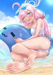 Rule 34 | 1girl, ahoge, barefoot, beach, blue archive, blush, eyewear on head, fang, feet, halo, heterochromia, highres, hinosaki, hoshino (blue archive), hoshino (swimsuit) (blue archive), knees together feet apart, legs, looking at viewer, open mouth, pink hair, sky, soles, solo, swimsuit, toes, water, wet