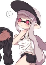 Rule 34 | !, 1boy, 1girl, black shorts, blush, breath, butt crack, cold, dark-skinned male, dark skin, dolphin shorts, hat, highres, inkling player character, nintendo, parted lips, pink eyes, shorts, simple background, solo focus, splatoon (series), spoken exclamation mark, tamanya, tank top, tentacle hair, white background