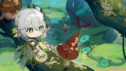 Rule 34 | 2girls, aranara (genshin impact), armlet, blurry, blurry background, bracelet, braid, closed mouth, commentary, day, dress, english commentary, food, genshin impact, green eyes, grey hair, hair between eyes, hair ornament, highres, holding, holding food, jewelry, leaf hair ornament, looking at another, multicolored hair, multiple girls, nahida (genshin impact), nilou (genshin impact), official art, outdoors, red hair, side ponytail, sitting, standing, streaked hair, symbol-shaped pupils, tree, white footwear