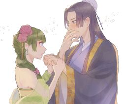 Rule 34 | 1boy, 1girl, bare shoulders, blue eyes, bubble, bun cover, chinese clothes, covered mouth, covering own mouth, dress, drunk, earrings, eyeshadow, flower, hair bun, hair flower, hair ornament, hair over shoulder, half updo, hands up, hanfu, hetero, highres, holding hands, jacket, jewelry, jinshi (kusuriya no hitorigoto), kusuriya no hitorigoto, lipstick, long hair, long sleeves, low-tied long hair, makeup, maomao (kusuriya no hitorigoto), mu6 to10, official alternate costume, official alternate hairstyle, parted bangs, pink flower, see-through, shawl, sidelocks, simple background, single hair bun, strapless, strapless dress, upper body, white background, wide sleeves