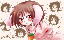 Rule 34 | 1girl, ^ ^, animal ears, arms behind back, brown hair, carrot, carrot necklace, closed eyes, dress, expressions, closed eyes, inaba tewi, jewelry, necklace, open mouth, pendant, pink dress, pout, rabbit ears, rabbit girl, rabbit tail, red eyes, smile, solo, tail, tears, tongue, tongue out, touhou, unya