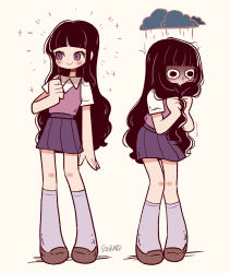 Rule 34 | 1girl, aoisora (0qlt 27), black hair, blush, brown footwear, cloud, commentary, crying, embarrassed, full body, hair over mouth, hands in hair, highres, jacket, long hair, multiple views, original, pleated skirt, purple eyes, purple jacket, purple skirt, purple socks, rain, shaking, shirt, short sleeves, signature, simple background, skirt, smile, socks, standing, white background, white shirt