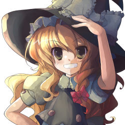Rule 34 | 1girl, blonde hair, blush, braid, brown eyes, colorized, female focus, gotou nao, grin, hand on own hip, hat, kirisame marisa, long hair, moriya, side braid, smile, solo, touhou, upper body, witch, witch hat