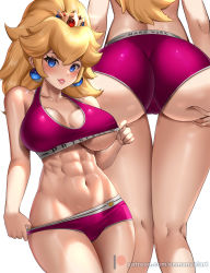 Rule 34 | 1girl, abs, ass, ass grab, bare arms, bare shoulders, blonde hair, blue eyes, breasts, cameltoe, cleft of venus, clothes lift, collarbone, commentary, crown, earrings, enma (enmanuelart), from behind, grabbing own ass, hair between eyes, halterneck, highres, jewelry, large breasts, lifted by self, long hair, looking at viewer, mario (series), multiple views, muscular, muscular female, navel, nintendo, panties, parted lips, pink panties, pink sports bra, princess peach, simple background, sphere earrings, sports bra, sports bra lift, stomach, super mario bros. 1, thigh gap, toned, underboob, underwear, underwear only, white background