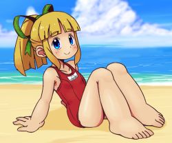 Rule 34 | 1girl, animated, animated gif, arm support, barefoot, beach, blonde hair, blue eyes, brown hair, feet, female focus, green eyes, leaning back, mawaru (mawaru), mega man (classic), mega man (series), mega man x (series), mega man x dive, one-piece swimsuit, red one-piece swimsuit, robot, roll (mega man), sitting, smile, solo, swimsuit, tan, third-party edit, toes