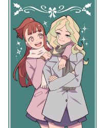 Rule 34 | 2girls, alternate costume, arms around neck, blonde hair, blush stickers, brown hair, christmas, coat, commission, crossed arms, diana cavendish, kagari atsuko, little witch academia, looking at another, multicolored hair, multiple girls, scarf, short ponytail, skeb commission, sushi pizza rrr, two-tone hair, winter clothes, winter coat, yuri