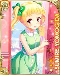 Rule 34 | 1girl, :d, alternate hairstyle, bare arms, bare shoulders, bedroom, blonde hair, card (medium), character name, dress, girlfriend (kari), green dress, hair bun, indoors, looking at viewer, official art, open mouth, purple eyes, qp:flapper, smile, solo, tagme, twintails, yomogida sumire