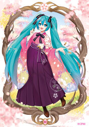 Rule 34 | 1girl, :d, black ribbon, blue eyes, blue hair, blurry, blurry foreground, brown footwear, floral print, full body, gradient hair, hair between eyes, hair ribbon, hakama, hakama skirt, hatsune miku, high-waist skirt, highres, japanese clothes, kimono, long hair, long sleeves, looking at viewer, mamo (fortune-mm), multicolored hair, open mouth, pink hair, pink kimono, pink ribbon, print kimono, purple hakama, ribbon, skirt, smile, solo, twintails, very long hair, vocaloid, wide sleeves