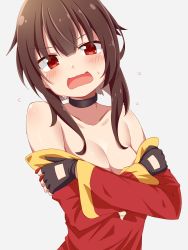 Rule 34 | 1girl, black choker, black gloves, blush, breasts, brown hair, choker, commentary request, dou-t, dress, fingerless gloves, flying sweatdrops, frown, gloves, grey background, highres, kono subarashii sekai ni shukufuku wo!, long dress, looking at viewer, megumin, off-shoulder dress, off shoulder, open mouth, partial commentary, red dress, red eyes, short hair with long locks, simple background, small breasts, solo, sweatdrop, upper body
