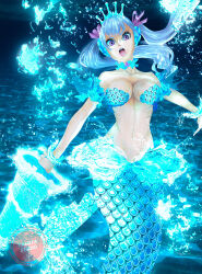 1girl armor black_clover breasts cleavage iiyametaii large_breasts long_hair mermaid mermaid_position mermaid_tail mermaid_transformation monster_girl noelle_silva open_mouth purple_eyes text_focus twintails underwater white_hair