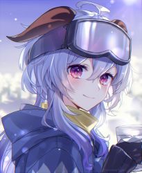 Rule 34 | 1girl, ahoge, black gloves, blue hair, blue jacket, blurry, blurry background, commentary request, cup, disposable cup, ganyu (genshin impact), ganyu (winter olympics) (genshin impact), genshin impact, gloves, goat horns, goggles, goggles on head, highres, holding, hood, hooded jacket, horns, jacket, lens flare, long hair, long sleeves, looking at viewer, memeno, purple eyes, ski goggles, smile, solo, upper body, winter