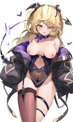Rule 34 | 1girl, absurdres, bare shoulders, belt collar, berserker r, black choker, black jacket, blonde hair, blush, bow, breasts, breasts apart, breasts out, brown thighhighs, chinese commentary, choker, clothing cutout, collar, commentary request, covered navel, cowboy shot, fang, fischl (genshin impact), genshin impact, green eyes, hair ribbon, heart, highleg, highleg leotard, highres, jacket, leotard, long hair, long sleeves, looking at viewer, medium breasts, nipples, off shoulder, one eye closed, open mouth, purple bow, revision, ribbon, single thighhigh, sleeves past wrists, smile, solo, strapless, strapless leotard, thigh gap, thigh strap, thighhighs, thighs, two-tone leotard, two side up