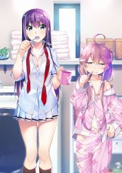 Rule 34 | 2girls, ahoge, blue eyes, bow, bow panties, bra, brushing teeth, clothes pull, cup, drooling, feet out of frame, fukami rena, grisaia (series), grisaia phantom trigger, hair over shoulder, half-closed eyes, holding, holding cup, holding toothbrush, ikoma murasaki, indoors, laundry basket, long hair, long sleeves, messy hair, mouth insertion, multiple girls, navel, off shoulder, official art, open mouth, pajamas, panties, pants, pants pull, pink eyes, pink hair, pink panties, pleated skirt, purple hair, short sleeves, skirt, standing, toothbrush, towel, twintails, underwear, watanabe akio