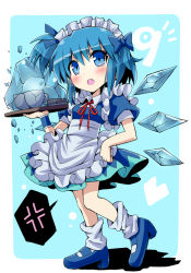 Rule 34 | 1girl, alternate costume, alternate hairstyle, anger vein, apron, bad id, bad pixiv id, blue dress, blue eyes, blue hair, blue skirt, blush, cake, circled 9, cirno, cup, dress, enmaided, fang, food, frozen, givuchoko, heart, highres, ice block, maid, maid apron, maid headdress, matching hair/eyes, md5 mismatch, medium dress, open mouth, print dress, ribbon, short hair, short sleeves, side ponytail, skirt, solo, teacup, touhou, tray, wings, wrist cuffs, wrist ribbon