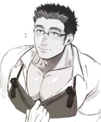 Rule 34 | 1boy, apron, bara, blush, clothes pull, cropped torso, flying sweatdrops, glasses, harada (basashi), large pectorals, looking to the side, pectoral cleavage, male focus, muscular, muscular male, pectorals, pov, motoori shiro, shirt, shirt pull, short hair, sideburns, smile, solo focus, tokyo houkago summoners, upper body