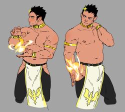 Rule 34 | 1boy, adapted costume, armlet, bara, belly, black hair, blush, bodysuit, bulge, cropped legs, fire, flaming hand, gold collar, hip vent, large pectorals, looking to the side, male focus, matty (radicallymaxton), mature male, muscular, muscular male, navel, nipples, open hands, pectorals, pelvic curtain, plump, pyrokinesis, revealing clothes, short hair, sideburns, single flame, sparse stubble, stomach, thighs, tokyo houkago summoners, topless male, zabaniyya (housamo)