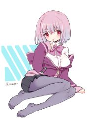 Rule 34 | 1girl, black skirt, blue background, bow, bowtie, breasts, commentary request, finger to mouth, full body, grey pantyhose, gridman universe, large breasts, long sleeves, looking at viewer, maitou, no shoes, off shoulder, pantyhose, pleated skirt, purple hair, red eyes, shinjou akane, short hair, sitting, skirt, solo, ssss.gridman, twitter username, two-tone background, white background, yokozuwari