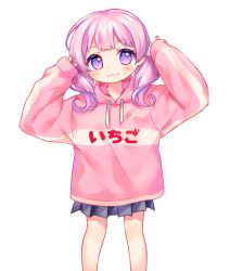 Rule 34 | 1girl, :3, arms up, bad id, bad pixiv id, black skirt, blush, closed mouth, clothes writing, drawstring, hood, hood down, hoodie, komachi pochi, long hair, long sleeves, looking at viewer, original, pink hoodie, pleated skirt, purple eyes, purple hair, simple background, skirt, sleeves past wrists, solo, translated, twintails, white background