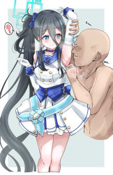 Rule 34 | 1boy, 1girl, ?, aris (blue archive), armpits, black hair, blue archive, blue eyes, blush, breasts, choker, dark-skinned male, dark skin, detached sleeves, disembodied torso, gloves, hair between eyes, halo, highres, idol, long hair, machismo fuji, mischievous straight uniform (blue archive), official alternate costume, pleated skirt, ribbon, sailor collar, side ponytail, skirt, small breasts, steam, steaming body, sweat, sweatdrop, thighs, very long hair