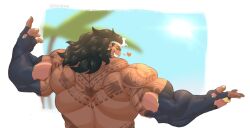 Rule 34 | 1boy, back, back focus, back tattoo, bara, beard, biceps, black hair, dark-skinned male, dark skin, from behind, full beard, highres, looking at viewer, looking back, male focus, mature male, mauga (overwatch), muscular, muscular male, nude, outstretched arm, overwatch, overwatch 2, solo, strongman waist, tattoo, thick arms, thick eyebrows, upper body, wink heart, zeke woof (zekebearr)