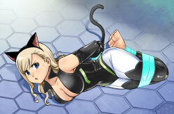 Rule 34 | 1girl, animal ears, bdsm, blonde hair, blue eyes, bondage, bound, bound ankles, bound legs, bound wrists, breasts, cat ears, cat tail, cleavage, eden&#039;s zero, highres, large breasts, looking at viewer, lost one zero, rebecca bluegarden, solo, tail