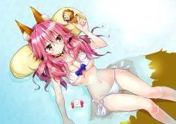 Rule 34 | 10s, 2girls, ahoge, animal costume, animal ears, artoria pendragon (all), artoria pendragon (fate), bad id, bad pixiv id, bell, bikini, blonde hair, blush, breasts, chibi, cleavage, collar, fate/extra, fate (series), fox ears, fox tail, from above, green eyes, groin, highres, large breasts, lion costume, long hair, looking at another, midriff, multiple girls, nail polish, nanakusa (user rnpt7322), navel, neck bell, official alternate costume, pink hair, saber (fate), saber lion, short hair, side-tie bikini bottom, swimsuit, tail, tamamo (fate), tamamo no mae (fate/extra), tamamo no mae (sexy bikini) (fate), water, white bikini, yellow eyes
